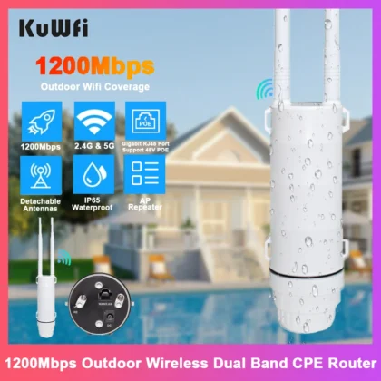 KuWFi AC1200 Outdoor CPE Router 1200Mbps 2.4G 5G Dual Band Wireless Wi-Fi Gigabit RJ45 Port Detachable Antennas 48V POE Repeater